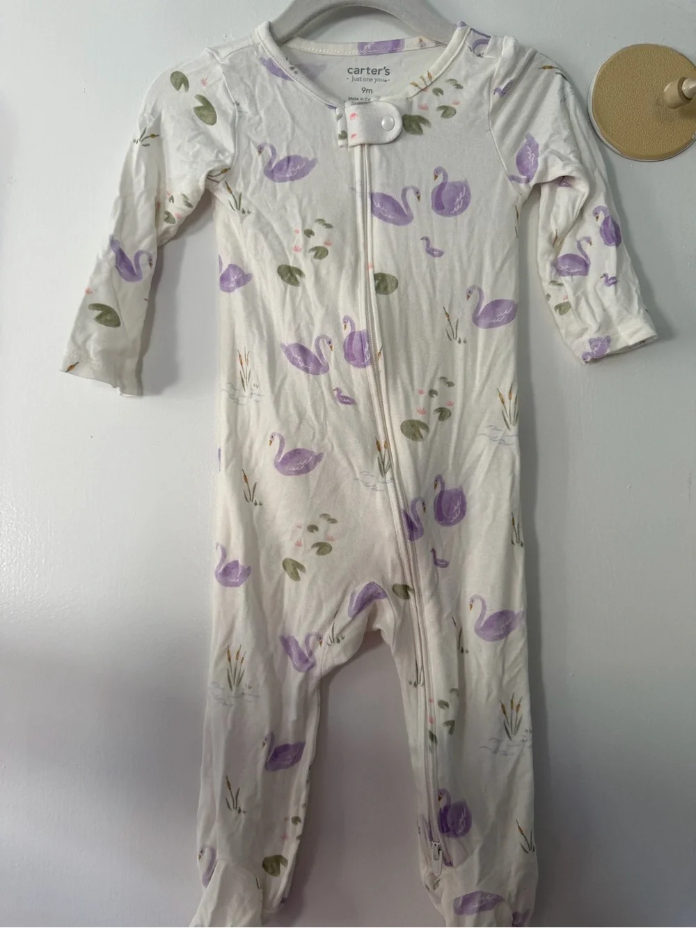 Carter's Flamingo One-Piece and Lavender swan one piece pajamas size 9m